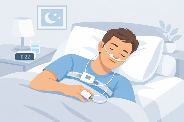 Person sleeping comfortably at home using a simple sleep apnea test device with finger sensor and nasal cannula in a calm bedroom setting