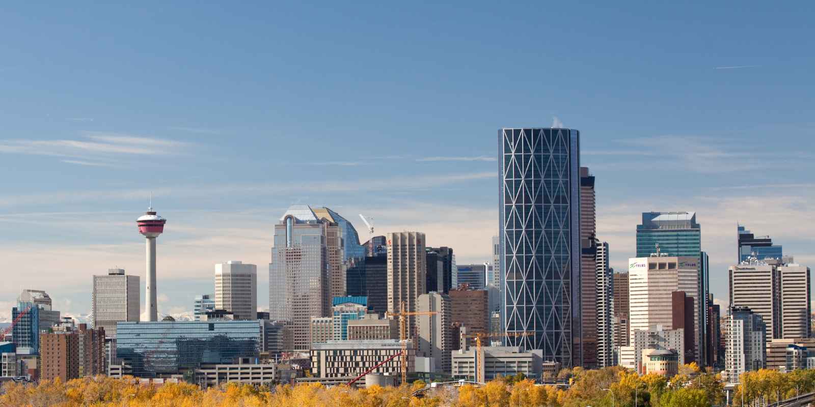 Downtown Calgary Alberta skyline featuring the Calgary Tower and modern high-rise buildings