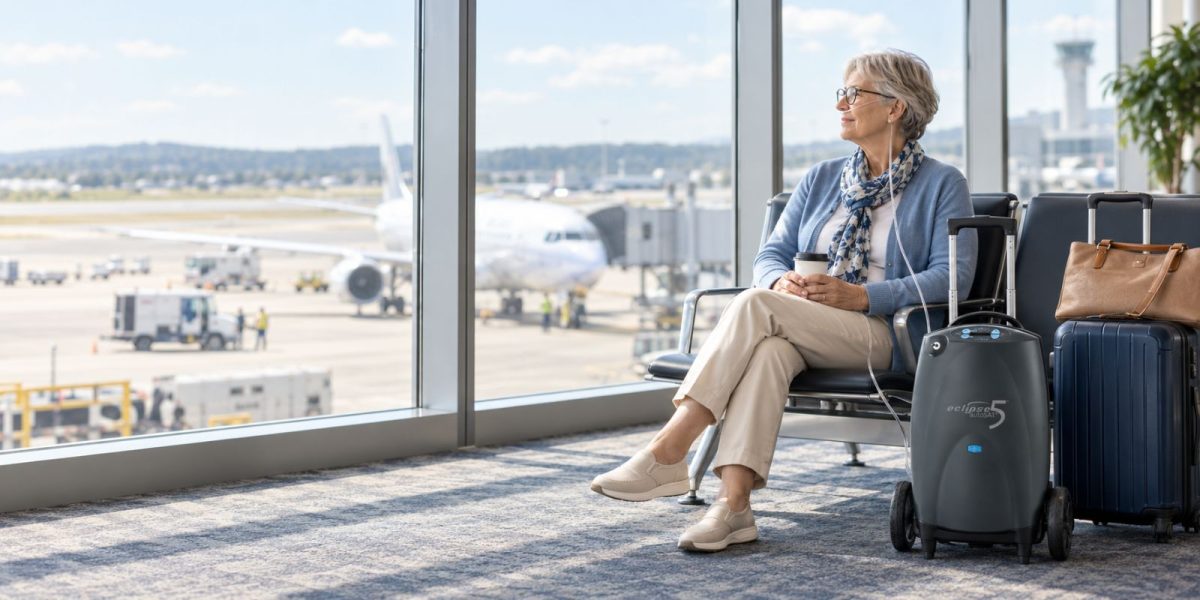 Woman using an Eclipse 5 portable oxygen concentrator while waiting at an airport