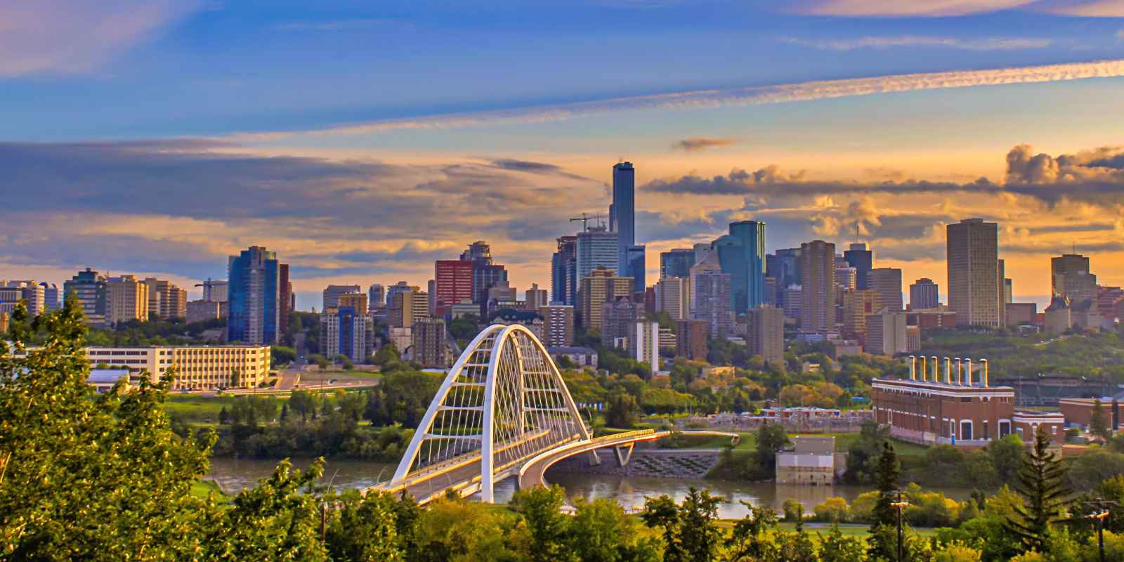 Edmonton Alberta skyline with the Walterdale Bridge over the North Saskatchewan River