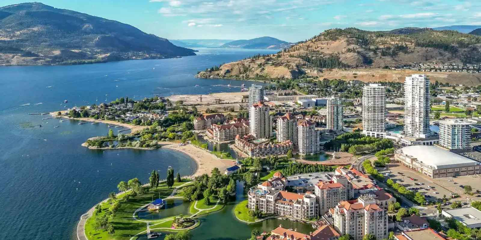 Kelowna British Columbia waterfront overlooking Okanagan Lake and surrounding mountains