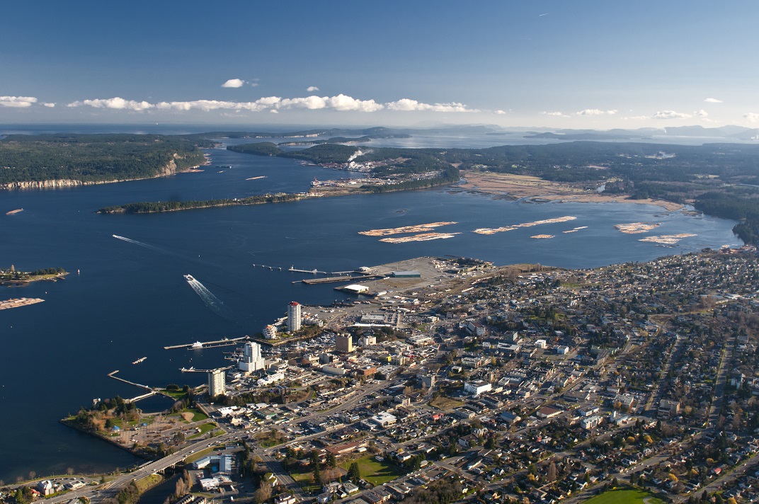 Aerial view of Nanaimo British Columbia overlooking the harbour and surrounding coastline