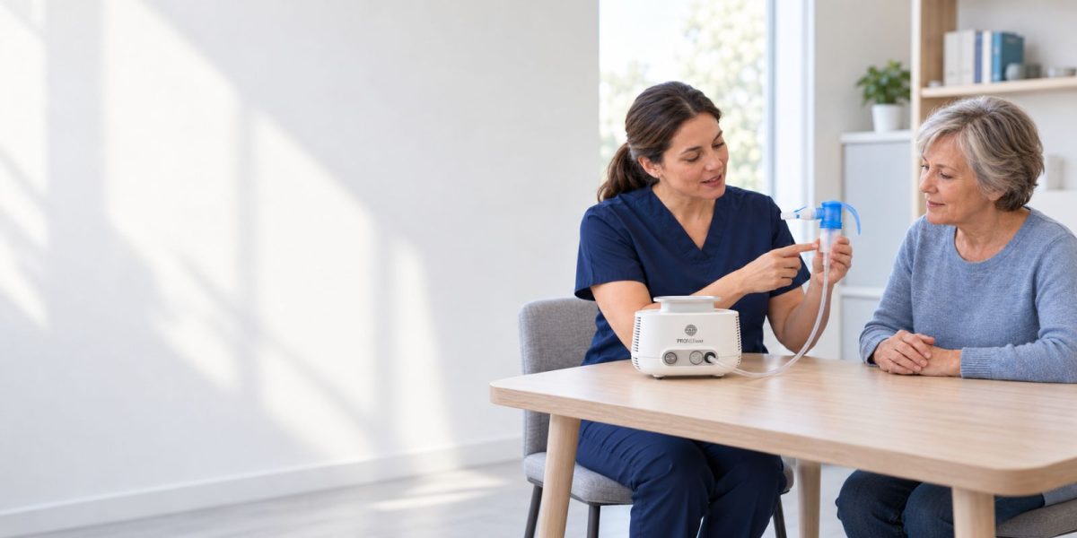 Healthcare professional showing a woman how to use a PARI PRONEB MAX nebulizer