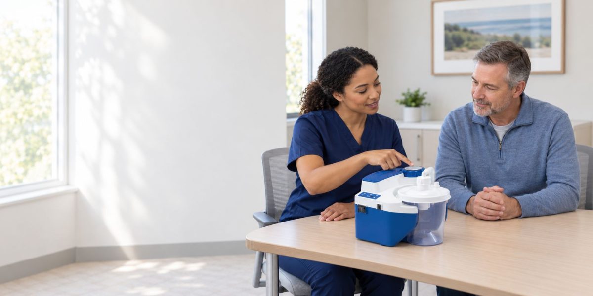 Healthcare professional showing a man how to use a portable suction machine