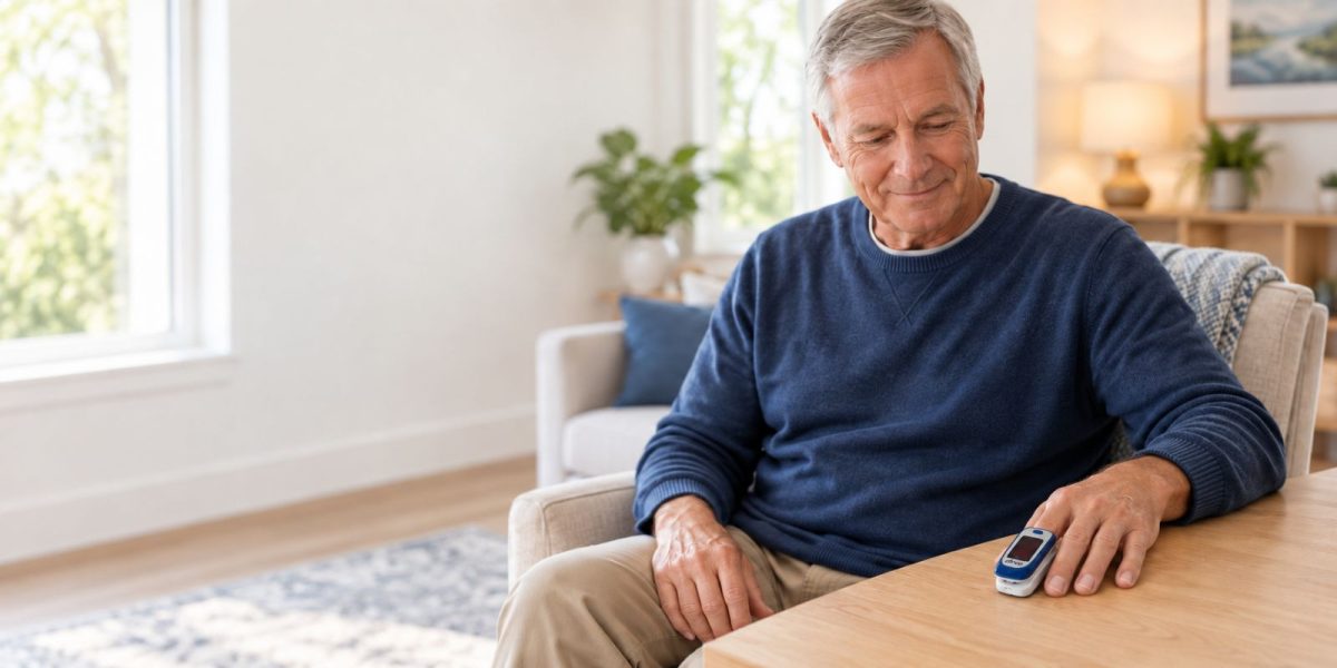 Older man looking at a fingertip pulse oximeter on a table at home