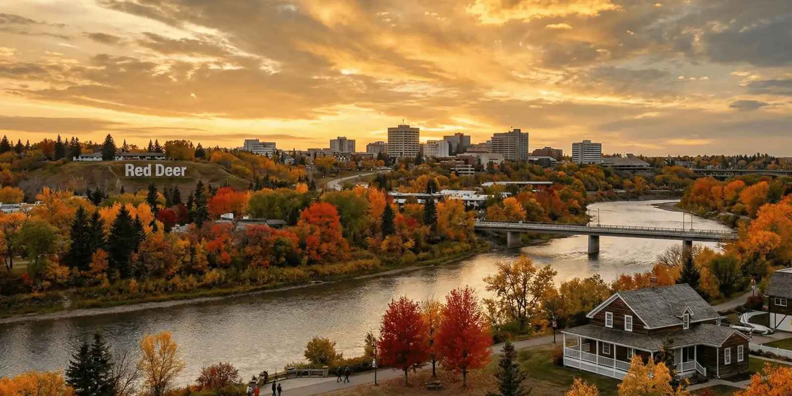 Red Deer Alberta skyline overlooking the Red Deer River during autumn