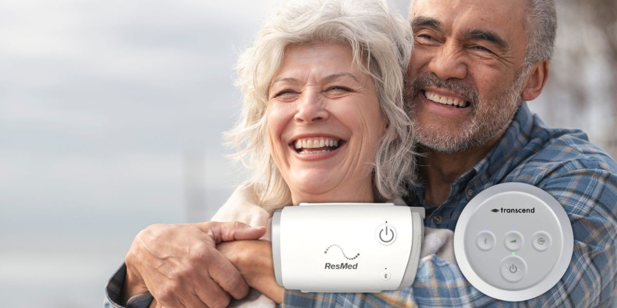 ResMed AirMini and Transcend Micro travel CPAP machines with smiling couple