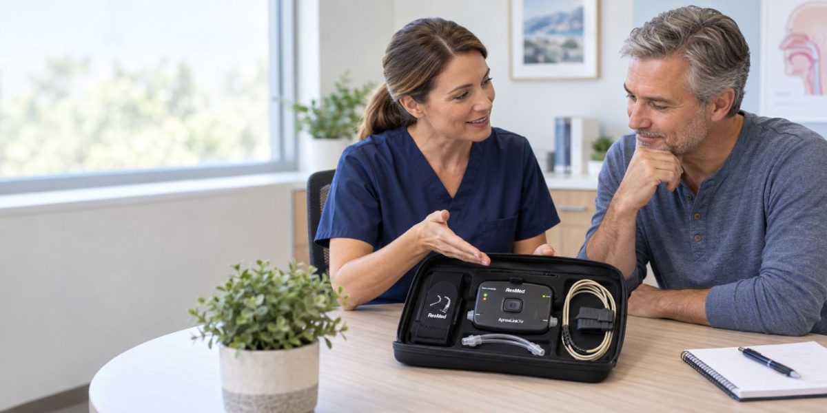 Healthcare professional showing a ResMed ApneaLink Air home sleep apnea test kit to a patient