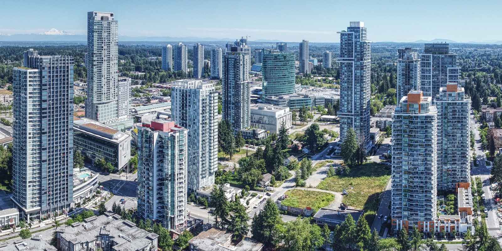 Aerial view of Surrey City Centre in Surrey British Columbia with modern high-rise buildings