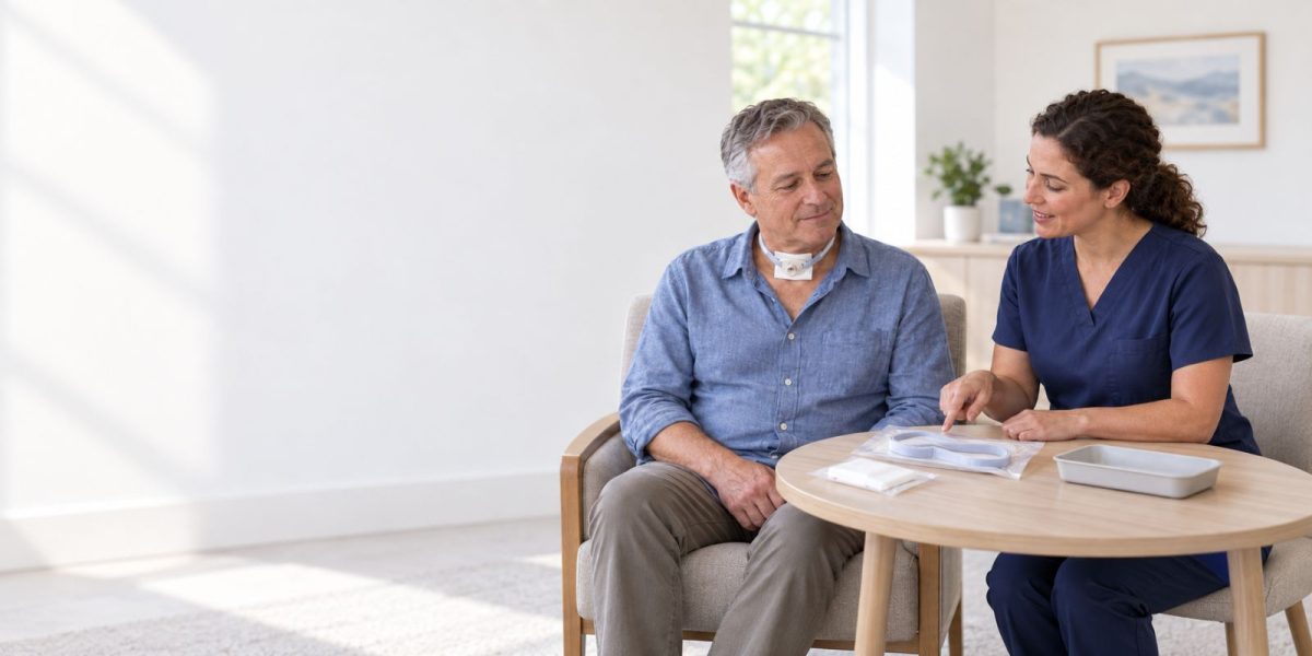 Healthcare professional reviewing tracheostomy supplies with a man wearing a tracheostomy tube