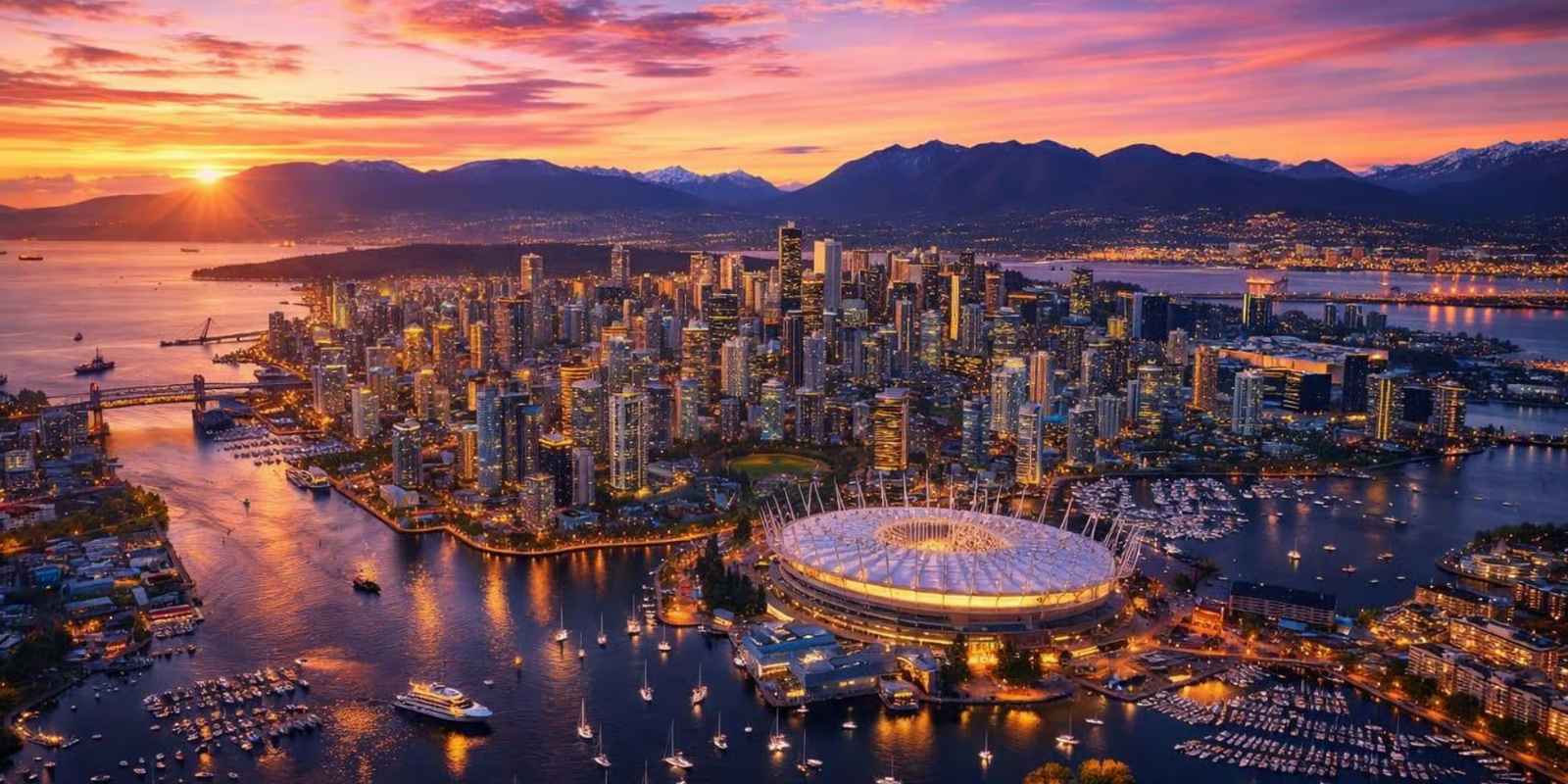 Vancouver British Columbia skyline at sunset overlooking False Creek, BC Place and the North Shore Mountains