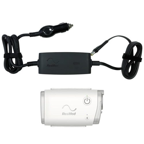 ResMed AirMini DC converter with 12V car adapter and CPAP machine