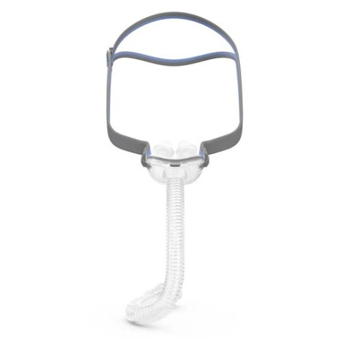 ResMed AirFit P10 nasal pillow CPAP mask front view with headgear and tubing