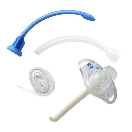 Shiley flexible cuffless tracheostomy tube with reusable inner cannula, obturator, and trach ties